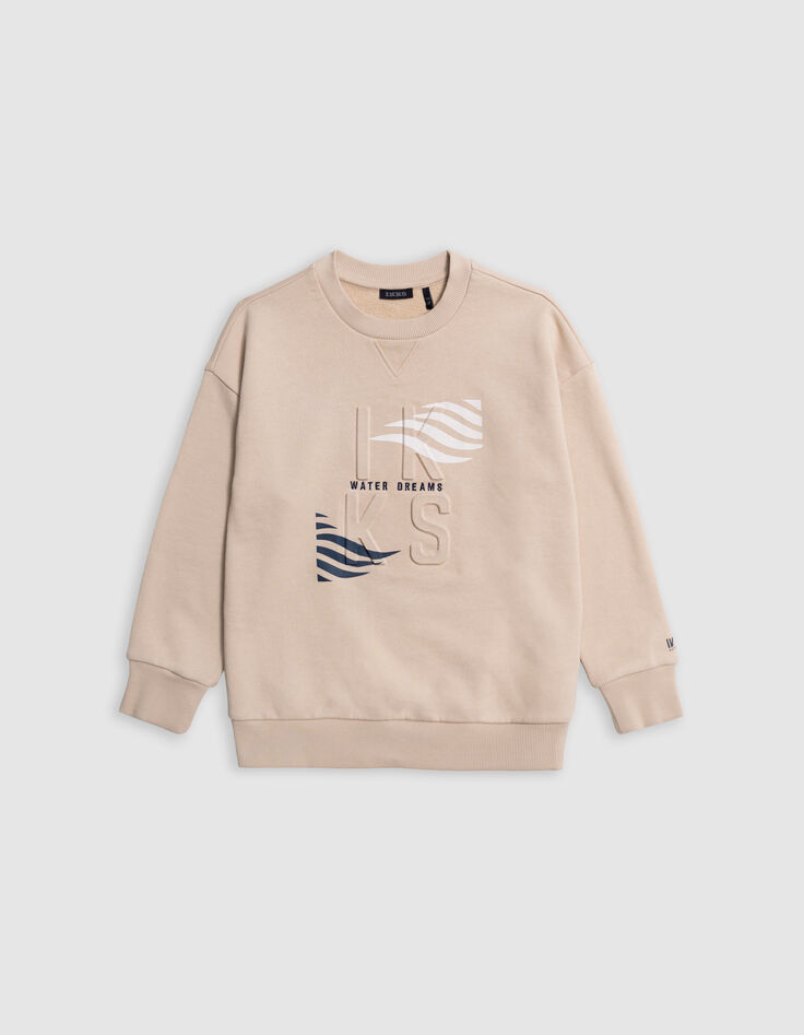 Sweat beige logo embossé et motifs rayures garçon-3