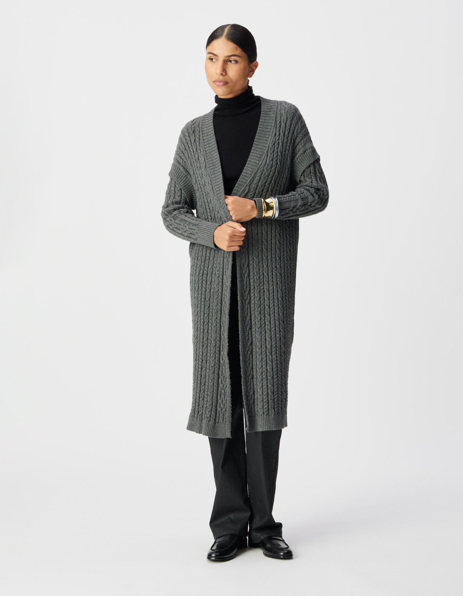 Women's grey cable knit long cardigan IKKS