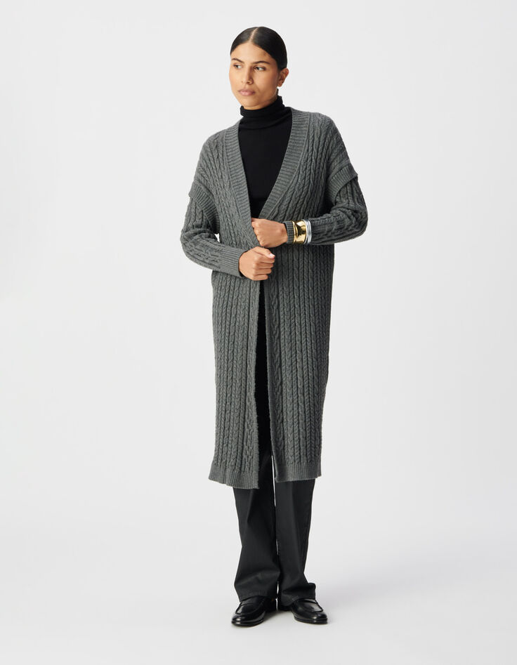 Lang grijs vest details kabelbreiwerk Dames-2