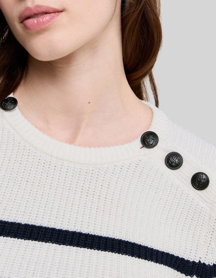 Pull marinière écru tricot boutons ancres Femme-5