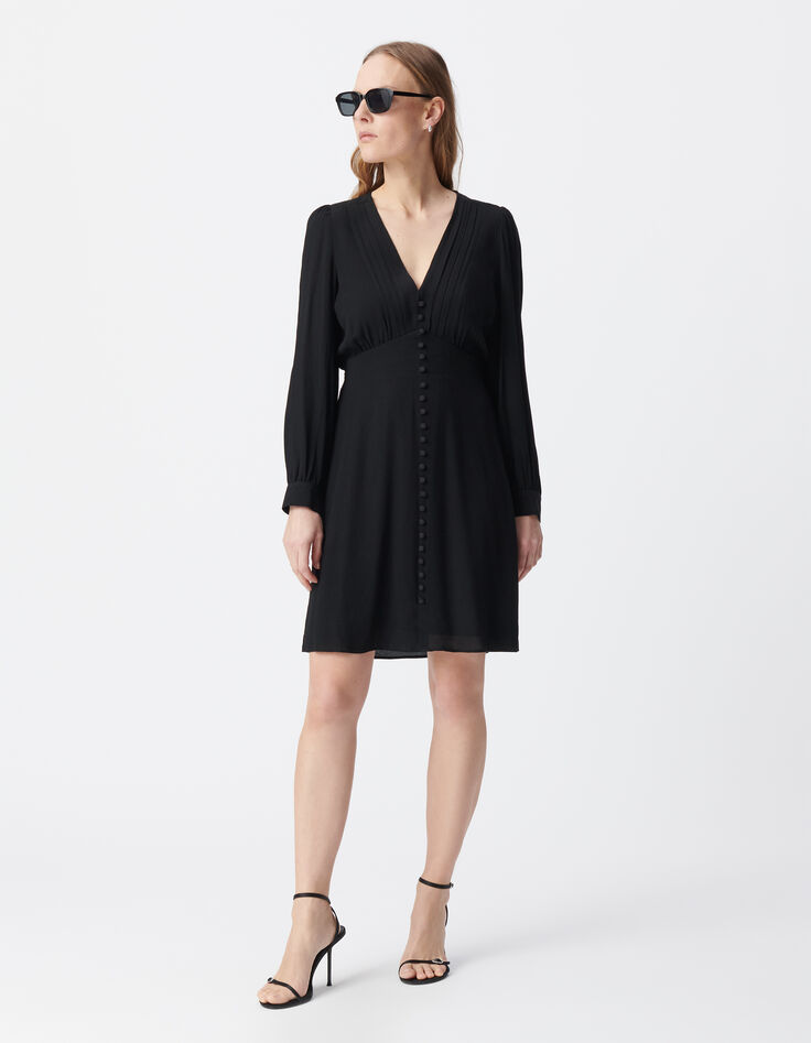 Schwarzes Kleid für Damen mit Falten und Knöpfen-1