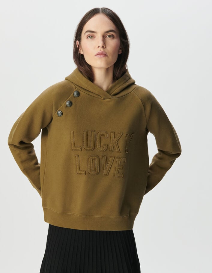 Sweat à capuche kaki coton bio boutons et message Femme