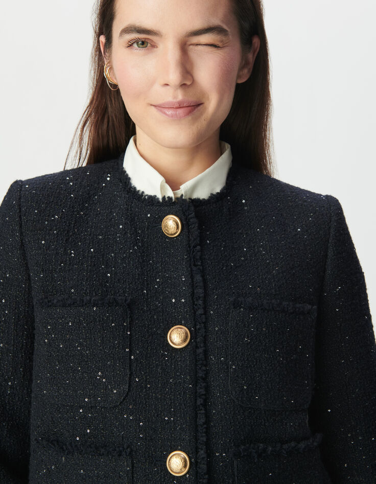 Chaqueta corta azul marino tweed lentejuelas mujer-5