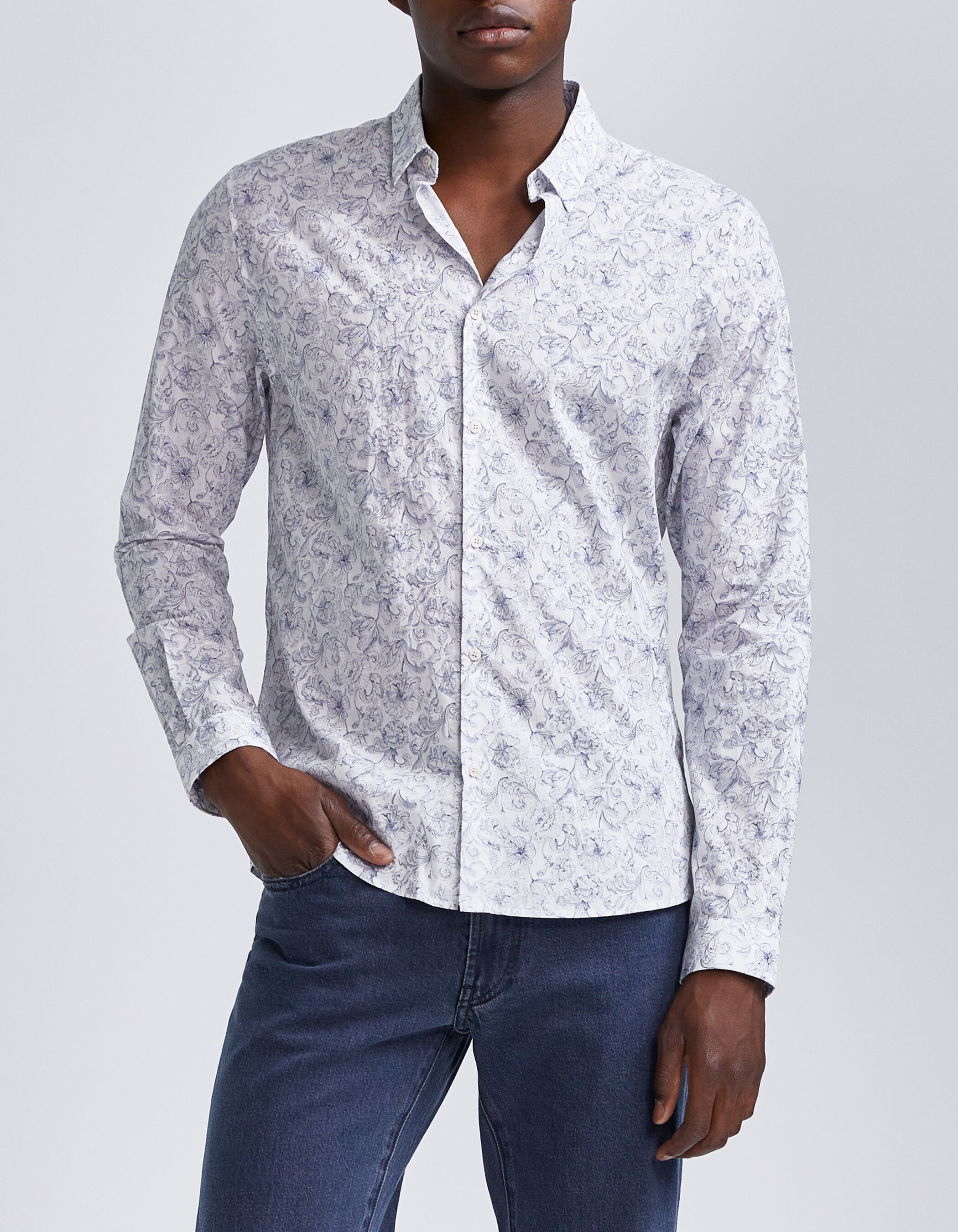 Men's white Liberty fabric SLIM shirt with blue flowers IKKS