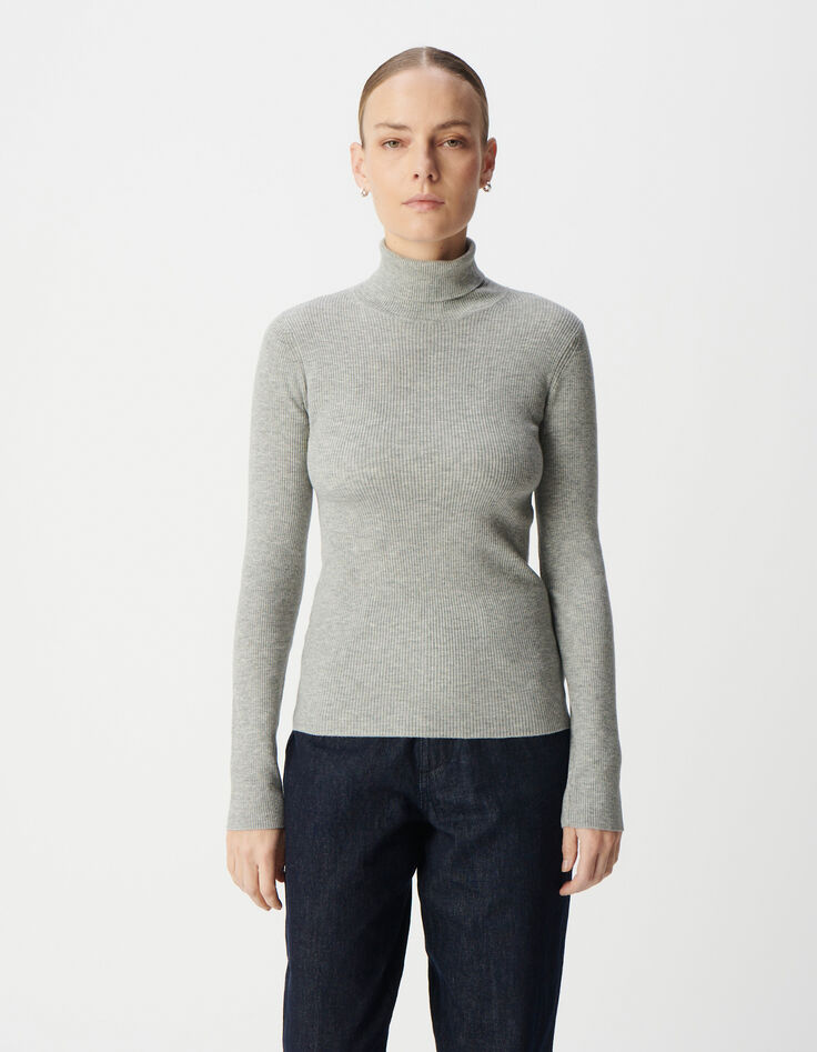 Women's grey turtleneck reverse seam sweater-2