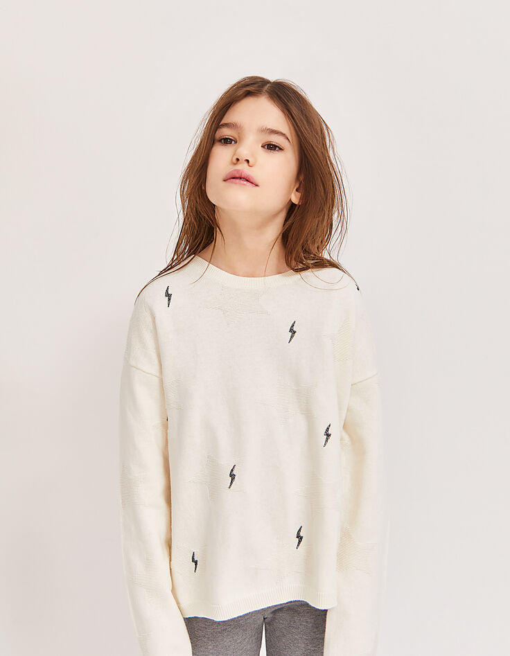 Girls’ ecru knit sweater + star motif/lightning embroidery-3