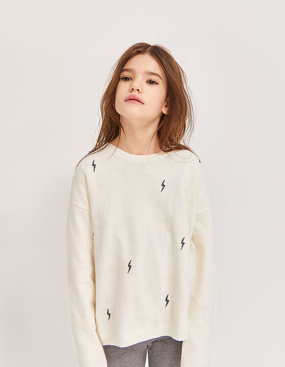 Girls’ ecru knit sweater + star motif/lightning embroidery