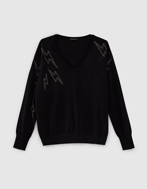 Pull maille fine coloris noir éclairs clous bijoux femme