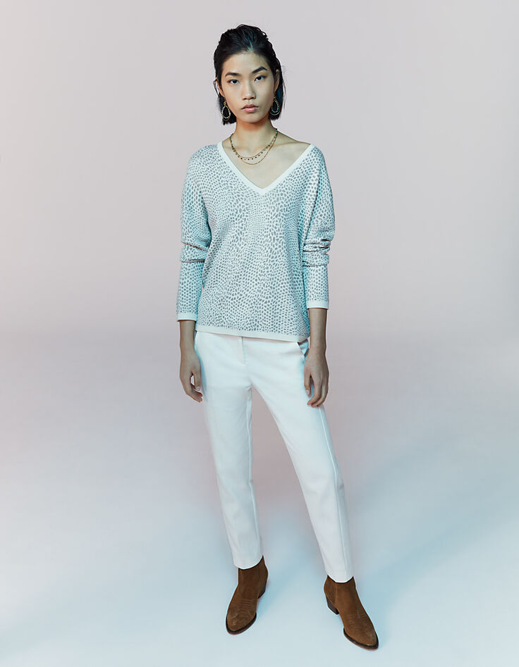 Pull col V écru et fibre métallique motif python femme-6