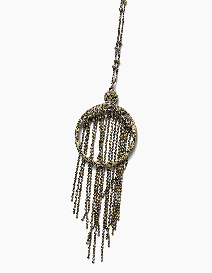 Collier sautoir antik gold anneau et franges perlées femme-3