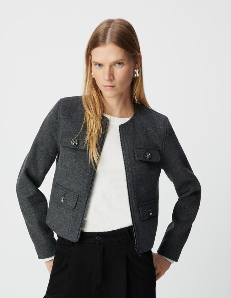 Women’s grey woolcloth box jacket with diamanté buttons-2 Women’s grey woolcloth box jacket with diamanté buttons-2
