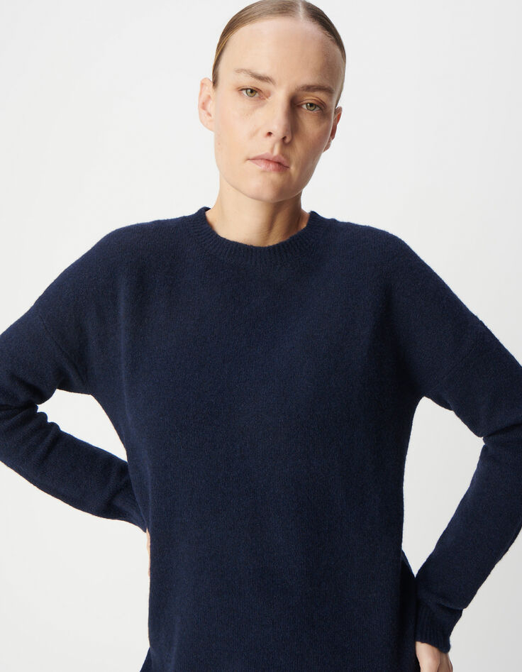 Marineblaues Damen-Rundhalsausschnitt-Kleid mit langen &Auml;rmeln-4
