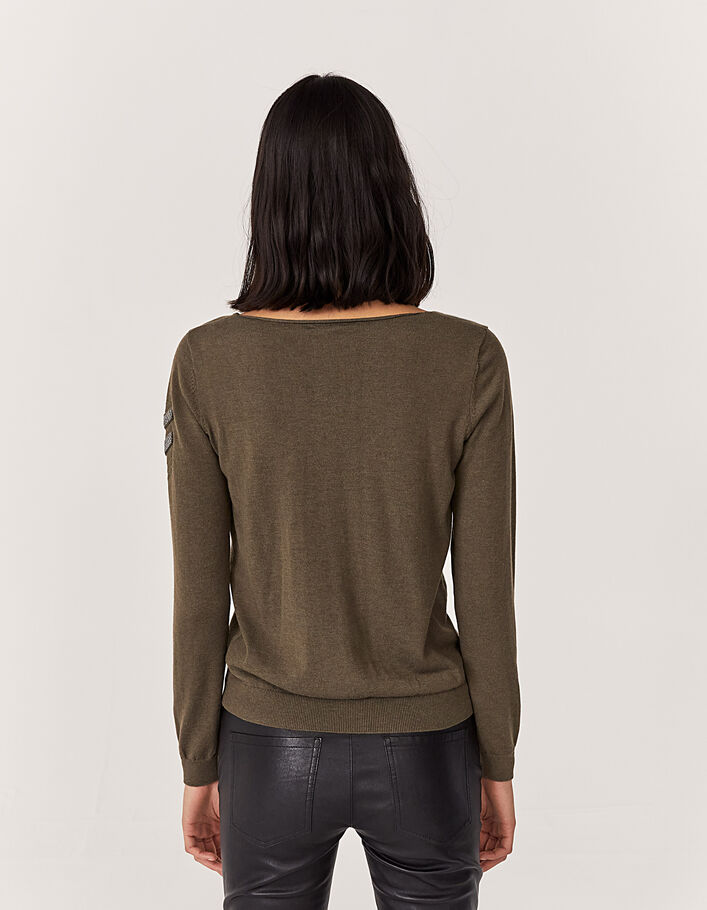 Jersey punto tricot caqui joya estilo militar mujer-3