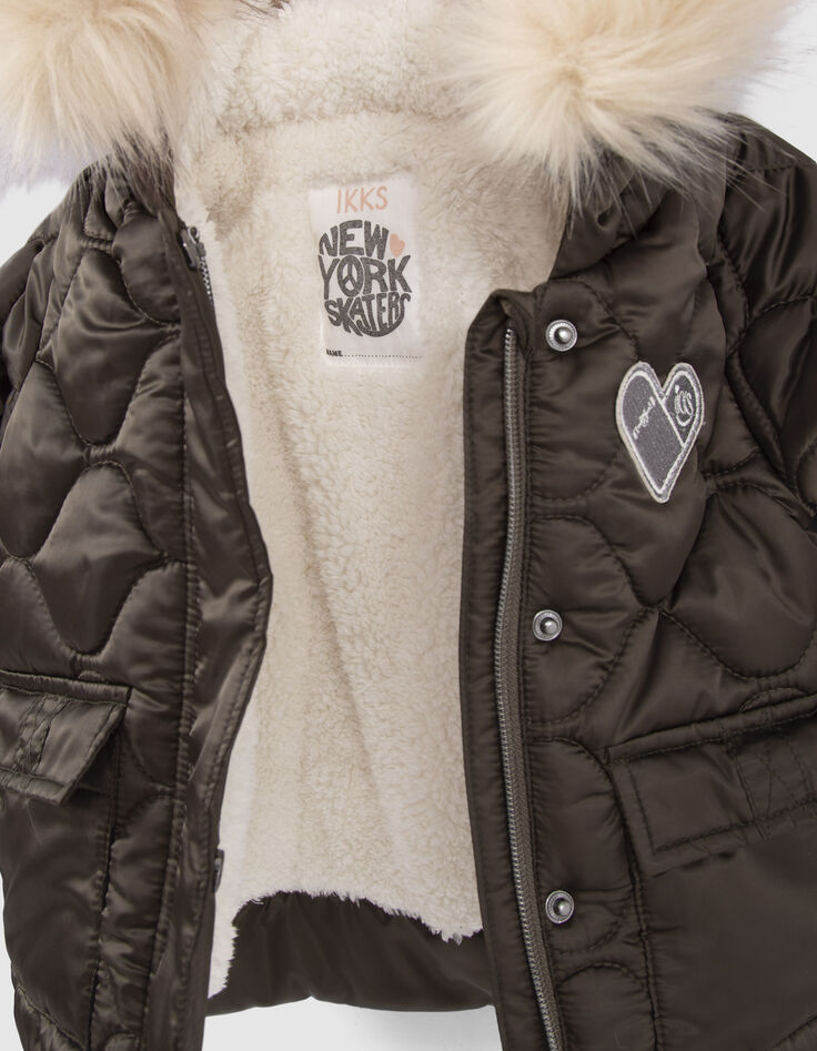 Kaki gevoerde en doorstikte parka met kap babymeisjes-2