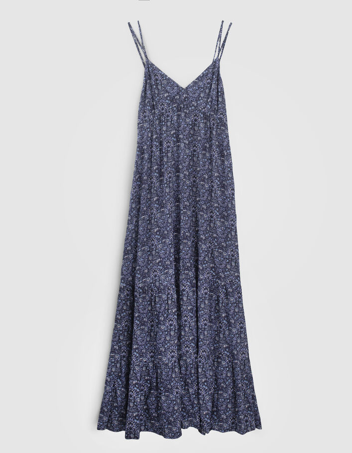 Langes, marineblaues Damenkleid mit blauem Blumenprint - IKKS