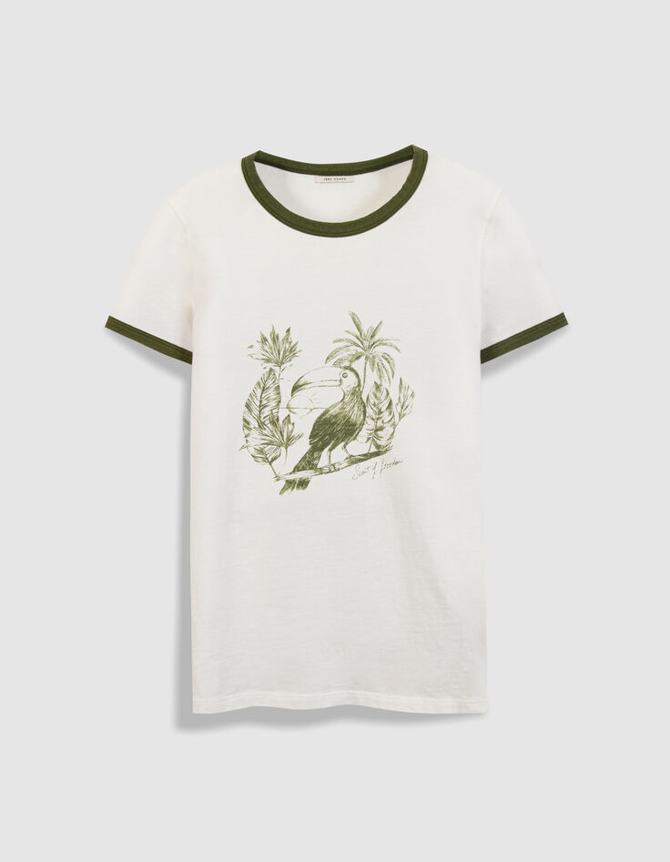 Tee-shirt manches courtes &eacute;cru visuel oiseau kaki Femme-6