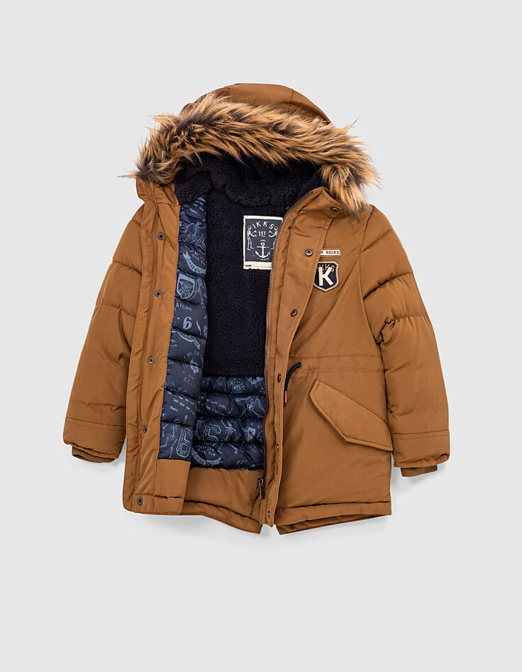 Cognac parka met gevoerde kap jongens -5
