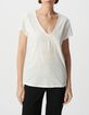 Tee-shirt col V blanc coton bio broderie t&ecirc;te de mort Femme-2