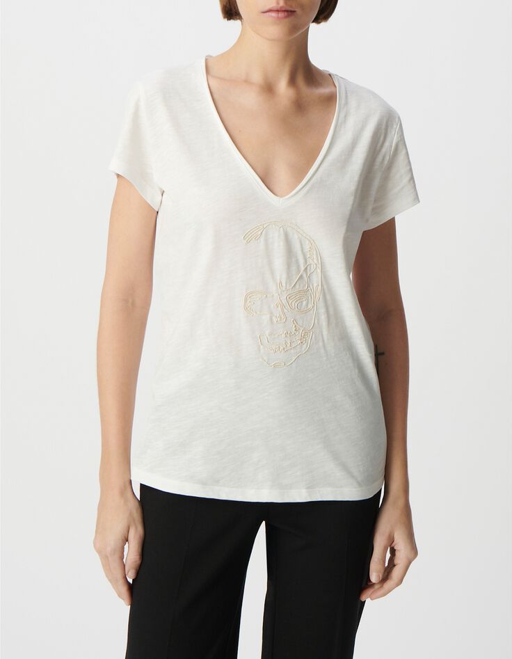 Tee-shirt col V blanc coton bio broderie t&ecirc;te de mort Femme-2