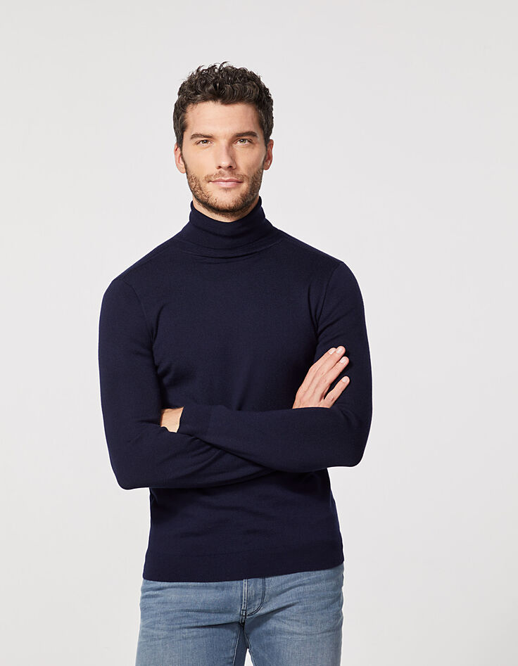 Pull marine à col roulé en laine mélangée Homme-2