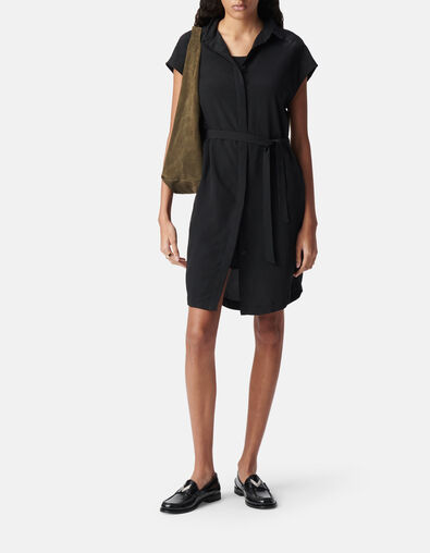 Vestido camisero negro de mujer de poli&eacute;ster reciclado con estampado de pedrer&iacute;a - IKKS