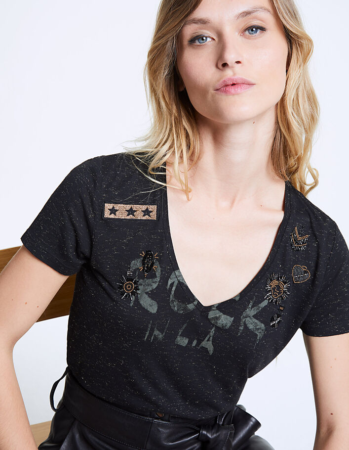 Damen-T-Shirt mit V-Ausschnitt und Strassbesatz - IKKS