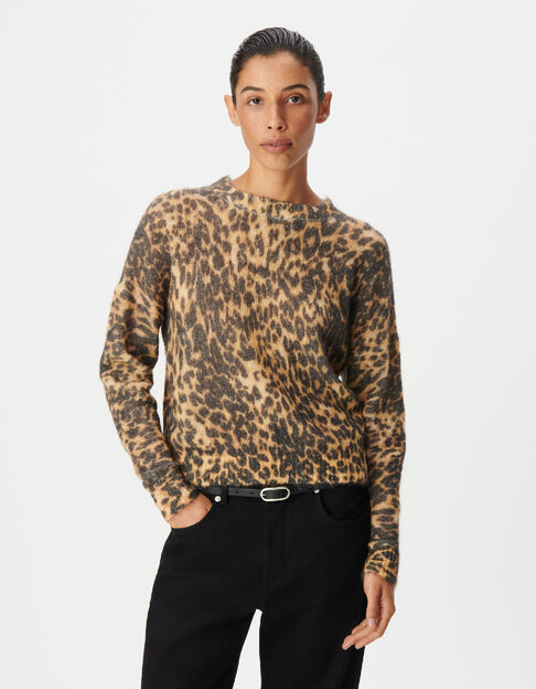 Pull marron tricot motif l&eacute;opard Femme - IKKS