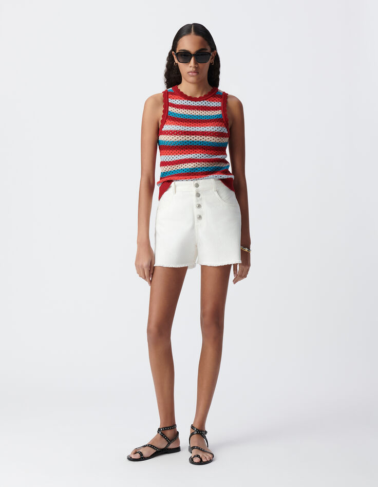 Top rouge tricot ajouré motif rayures Femme-1