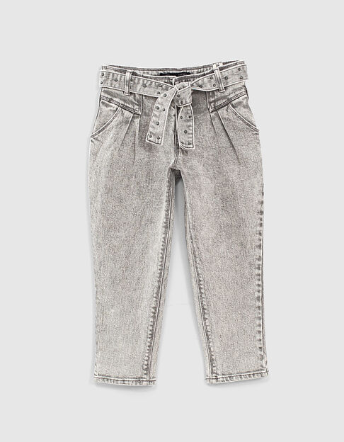 Mädchen-Bio-Jeans, Mom-Stil mit Nietengürtel in Light Grey - IKKS