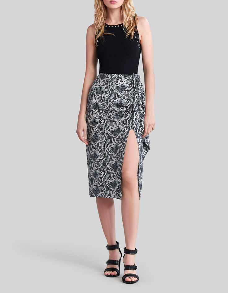 Jupe blanc cassé satinée imprimé python graphique Femme-1 Jupe blanc cassé satinée imprimé python graphique Femme-1