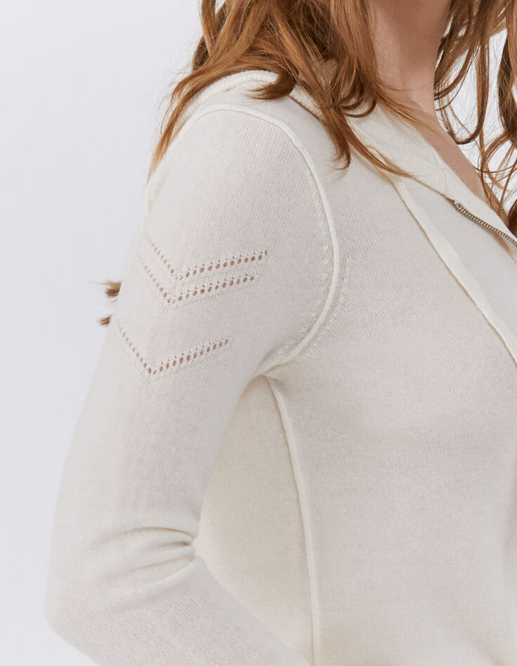 Cardigan à capuche blanc cassé en cachemire chevrons femme-3