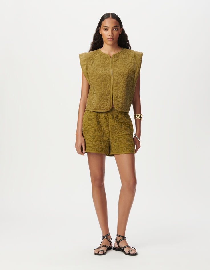 Short kaki matelassage broderies Femme-1