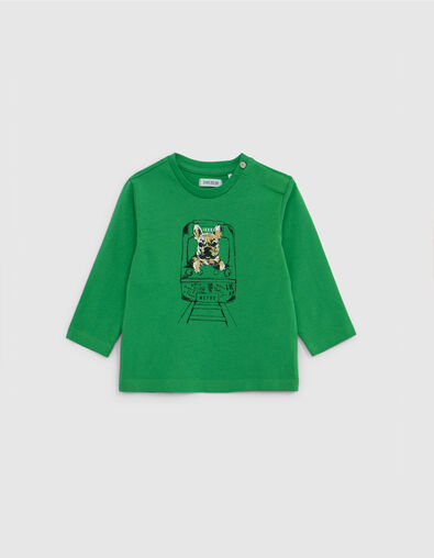 T-Shirt Bio-Baumwolle Grün, Hund-Metro-Motiv, Baby Junge - IKKS