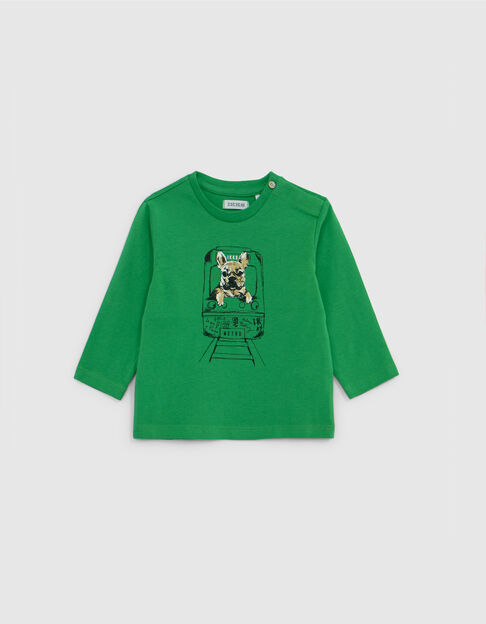 T-Shirt Bio-Baumwolle Grün, Hund-Metro-Motiv, Baby Junge - IKKS