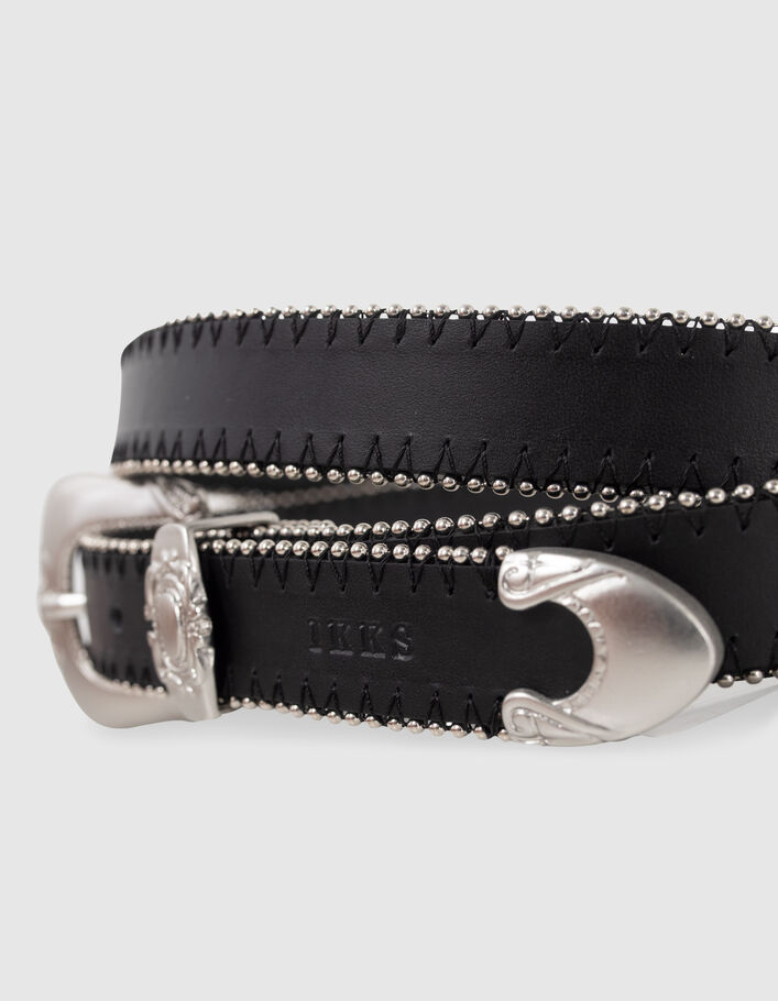 Women’s black leather belt, microbeads and cowboy buckle - IKKS