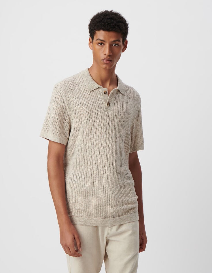 Polo beige tricot ajouré fantaisie Homme-3