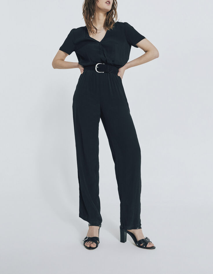 Combinaison viscose Ecovero® longue noire nouée dos femme-1