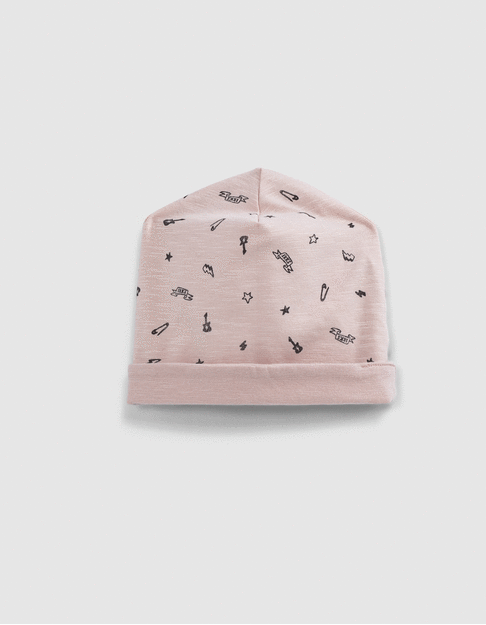 Bonnet réversible rose et imprimé rock coton bio bébé