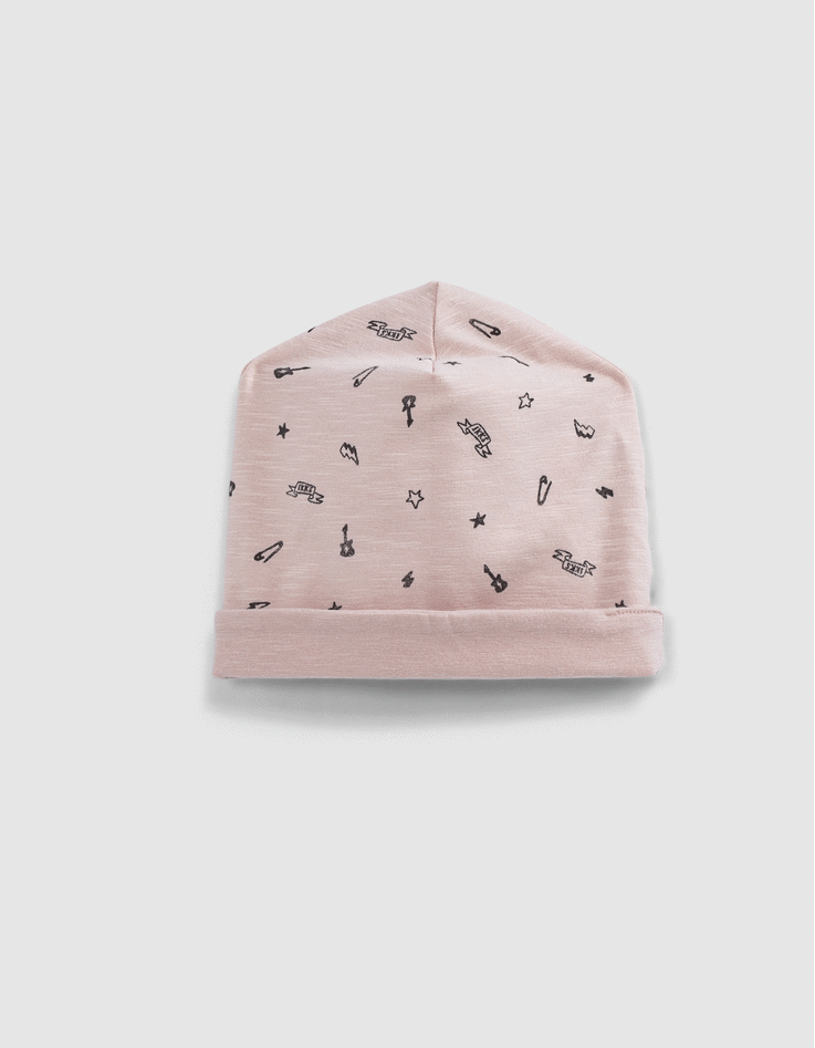 Bonnet réversible rose et imprimé rock coton bio bébé-1