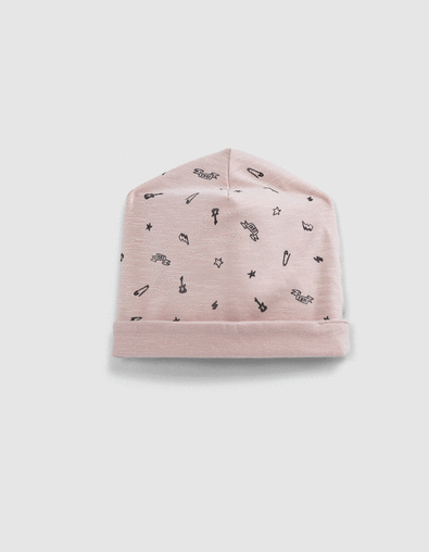 Baby’s pink+rock print organic cotton reversible beanie - IKKS