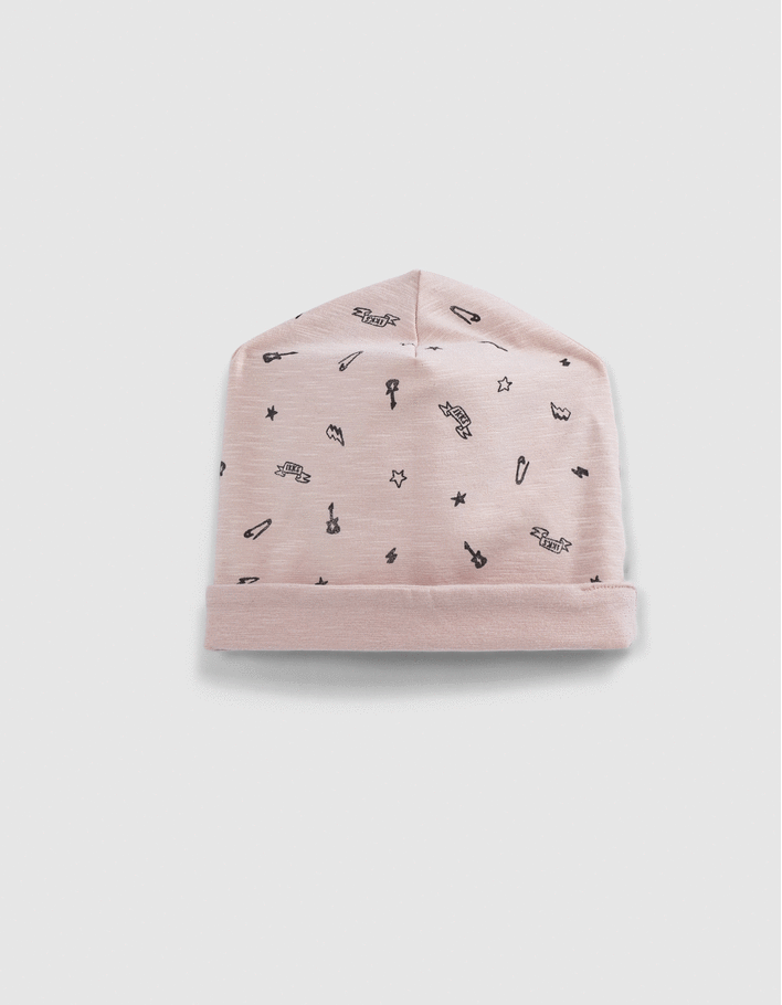 Rosa Babywendemütze mit Rocker-Print aus Biobaumwolle-1