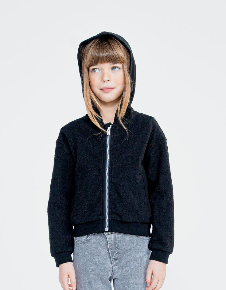 Schwarze Sweatstoff-Mädchenjacke mit Dschungel-Rock-Motiv-3