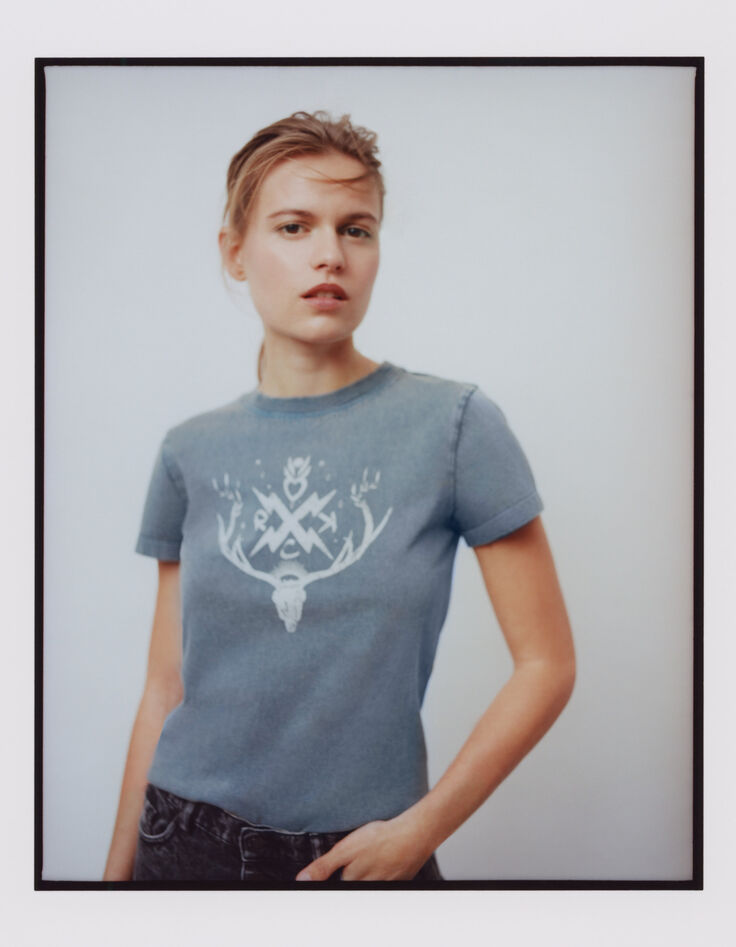 Tee-shirt en coton jersey bleu gris tête de cerf femme-6