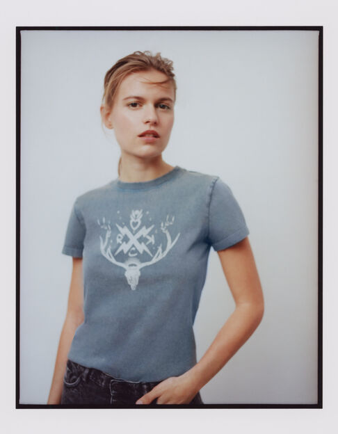 Blaugraues Damen-T-Shirt aus Baumwolljersey mit Hirschkopf
