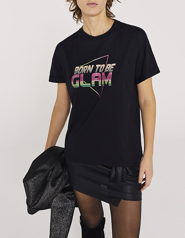 Tee-shirt noir en coton modal visuel pailleté femme-2