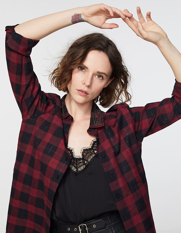 Chemise à carreaux métallisés en coton col bijoux femme-5