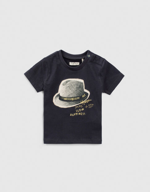 T-shirt marine coton bio avec chapeau bébé garçon