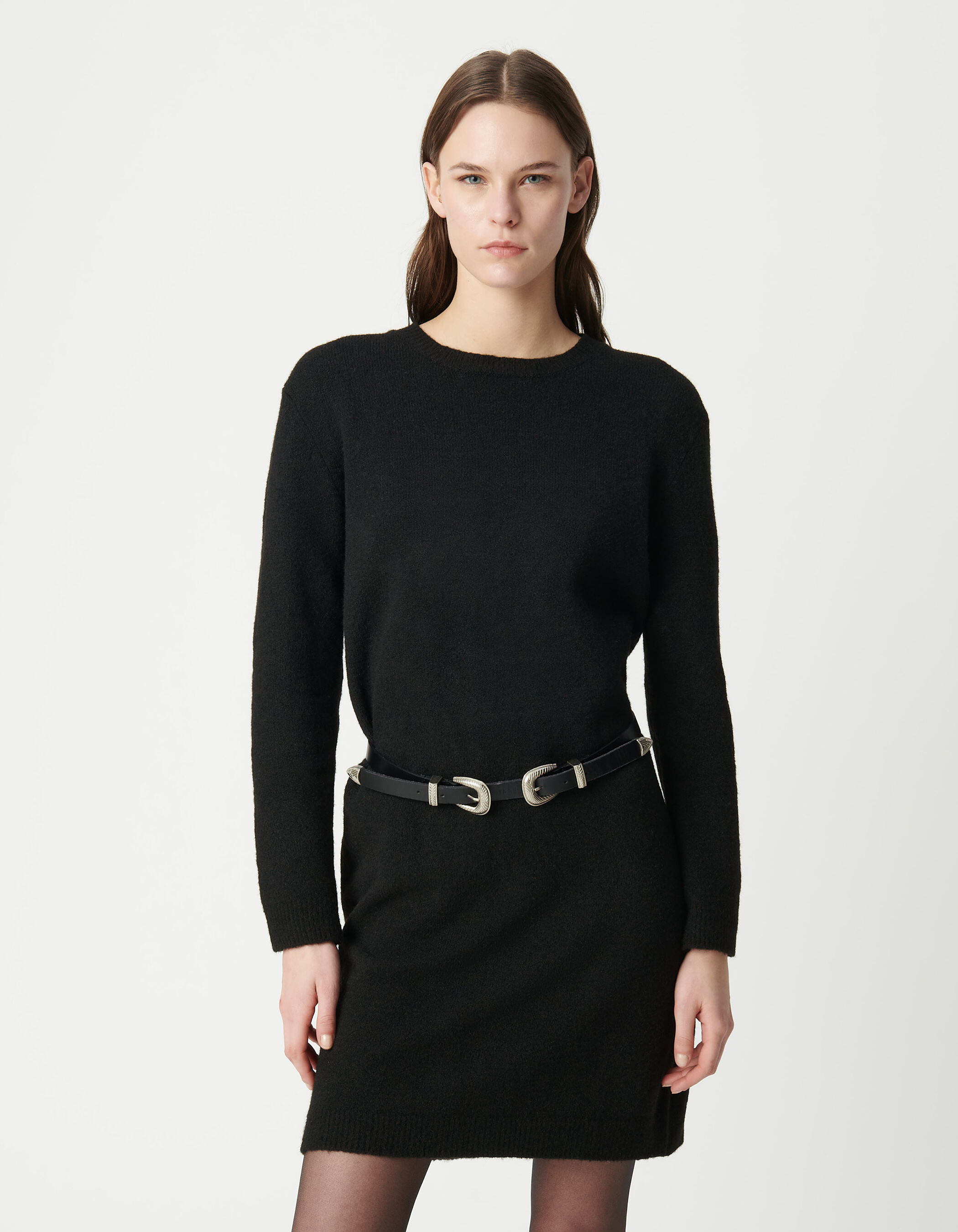 Women's black knit maxi sweater dress with studs on back