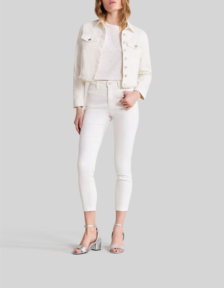 Cremefarbene Jeansjacke für Damen mit Zopfmuster-8 Cremefarbene Jeansjacke für Damen mit Zopfmuster-8