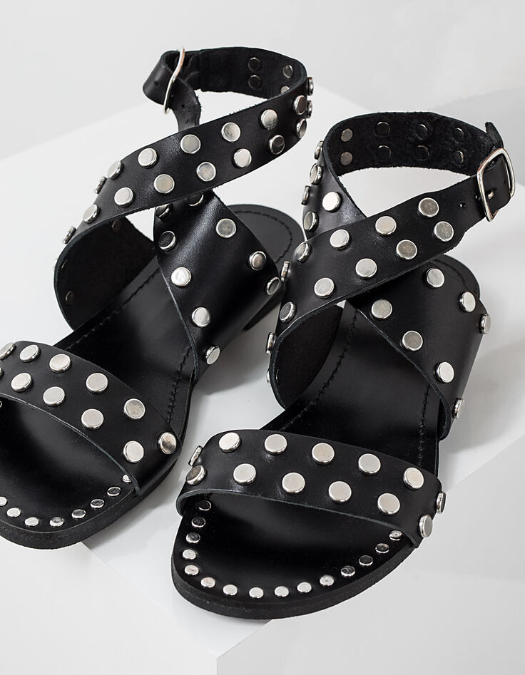 Women's black studded flat leather sandals-2